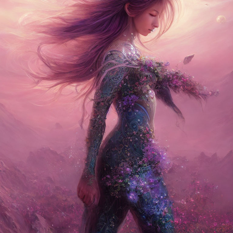 Purple-haired figure in pink landscape with floral designs