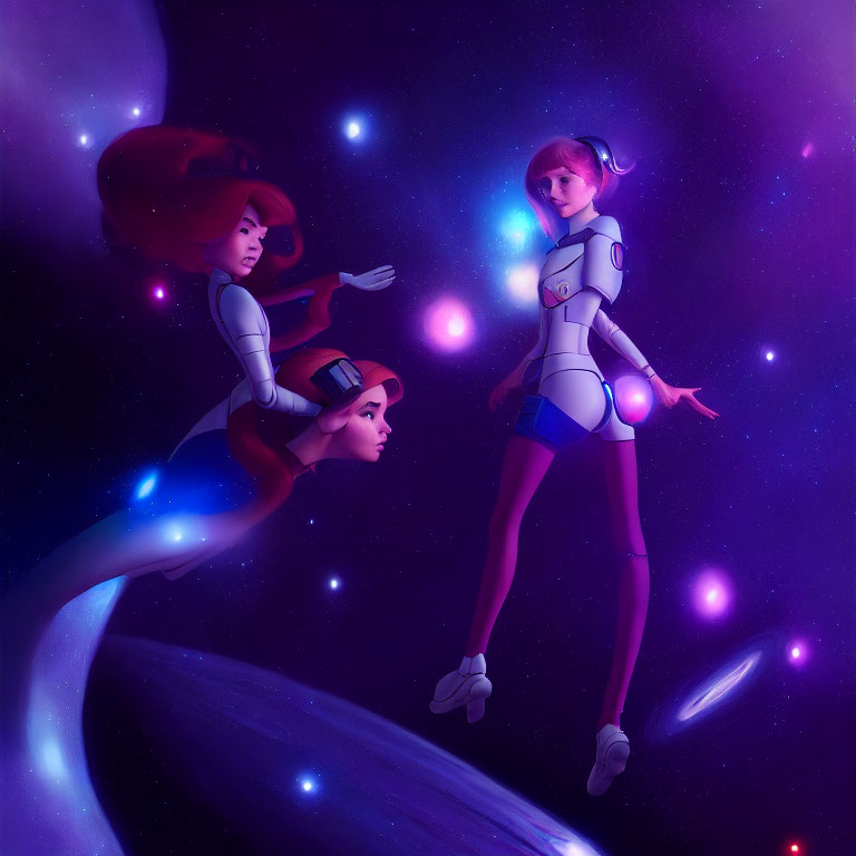 Stylized female astronauts in space with cosmic backdrop and stars.