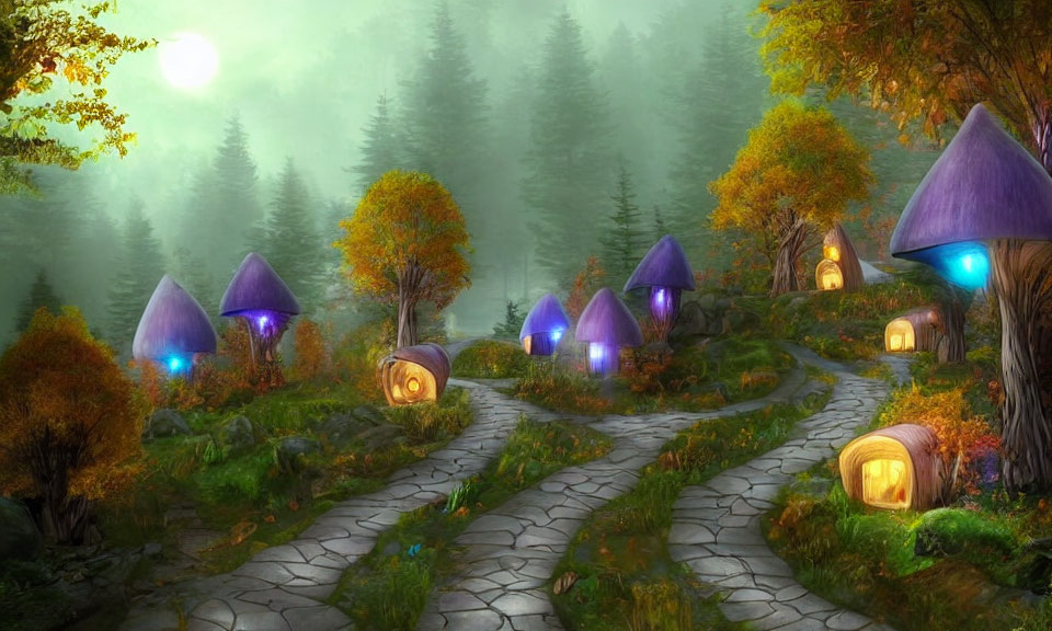 Mystical forest pathway with mushroom houses and vibrant foliage