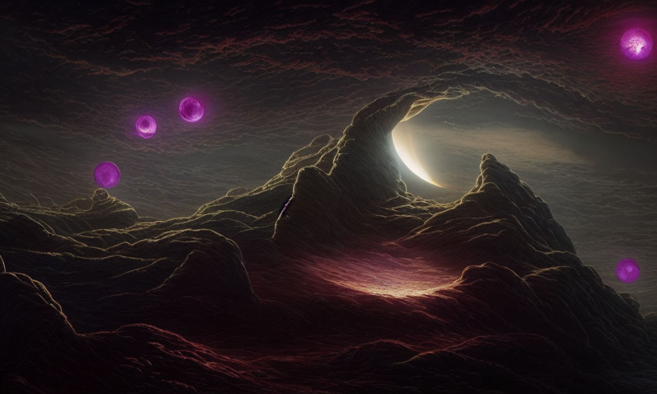 Fantasy landscape with glowing purple orbs, crescent moon, rugged terrain, and dark, starless