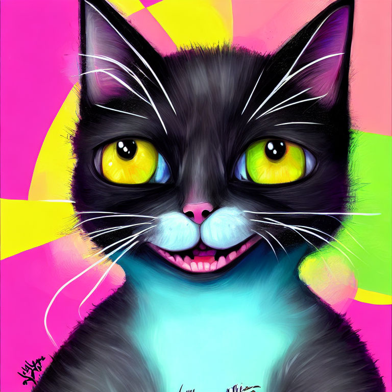 Colorful digital artwork of a smiling black and white cat with yellow eyes on vibrant background