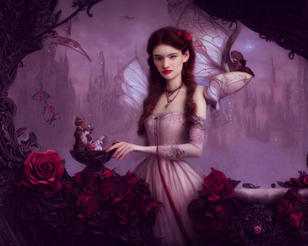 Fantasy image of woman with fairy wings, roses, dragon bowl, bird in enchanted forest