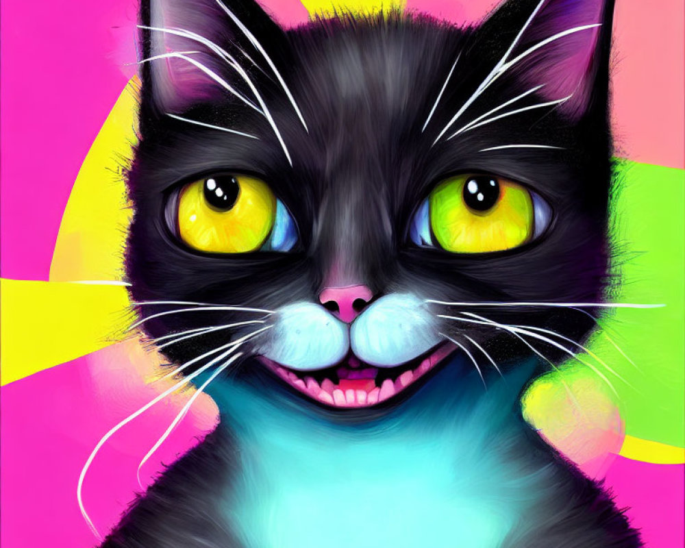 Colorful digital artwork of a smiling black and white cat with yellow eyes on vibrant background