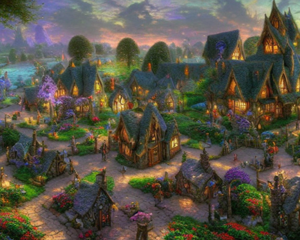 Enchanting twilight fantasy village with glowing lanterns and vibrant flowers