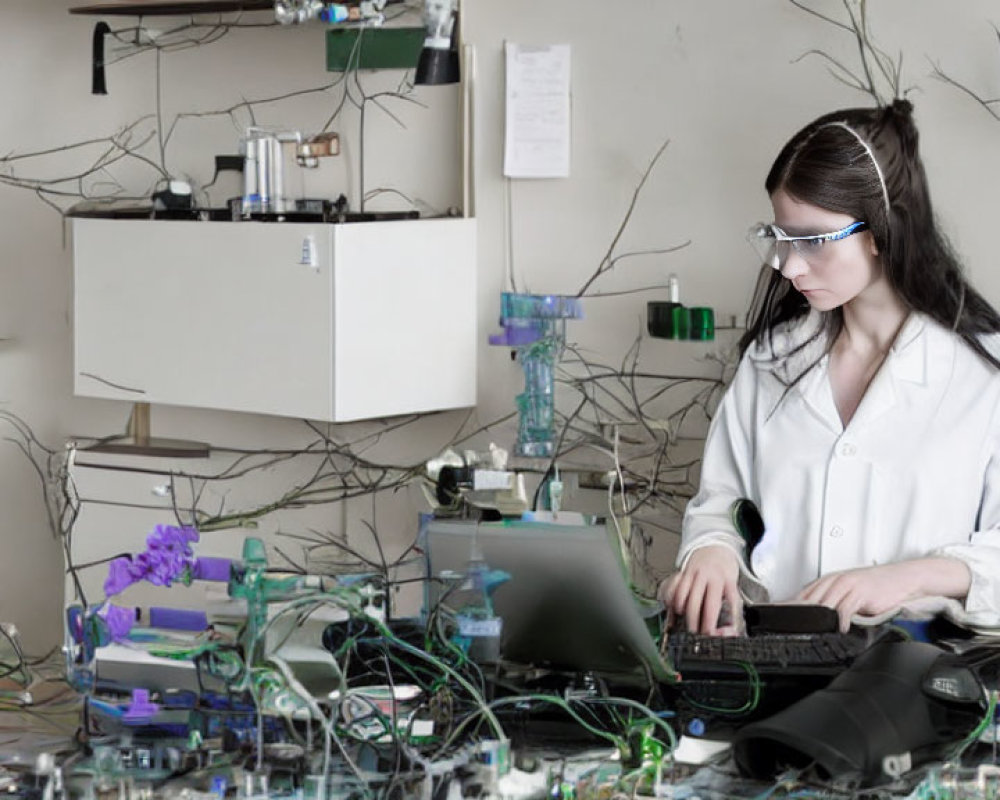 Scientist in lab coat at work with laptop and lab equipment