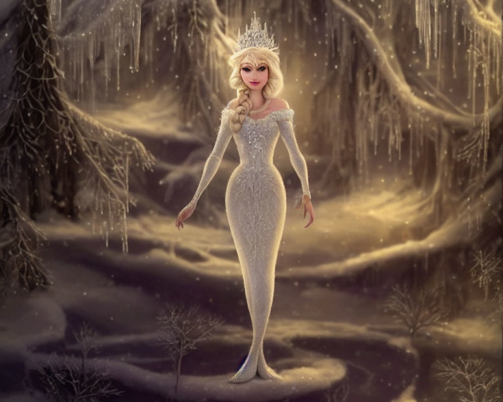 Animated character in silver gown and crown in winter forest with icicles