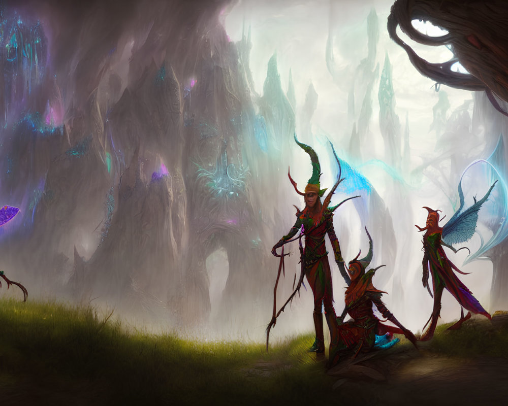 Ethereal butterflies and glowing elves in fantasy landscape