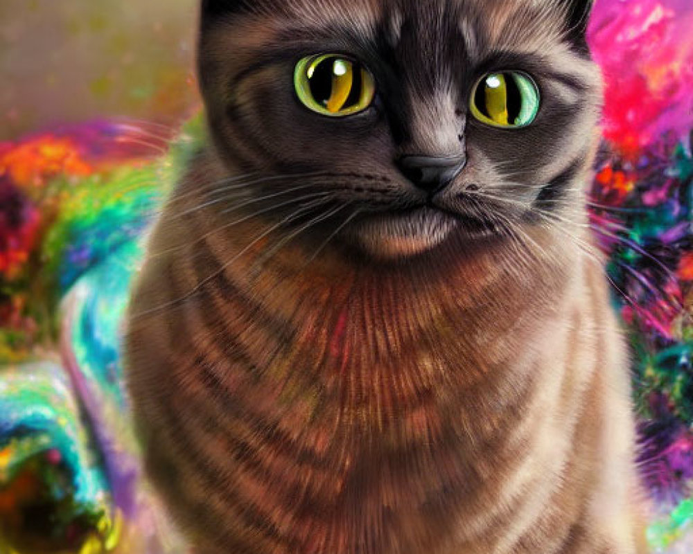 Brown Cat with Green Eyes Against Colorful Background