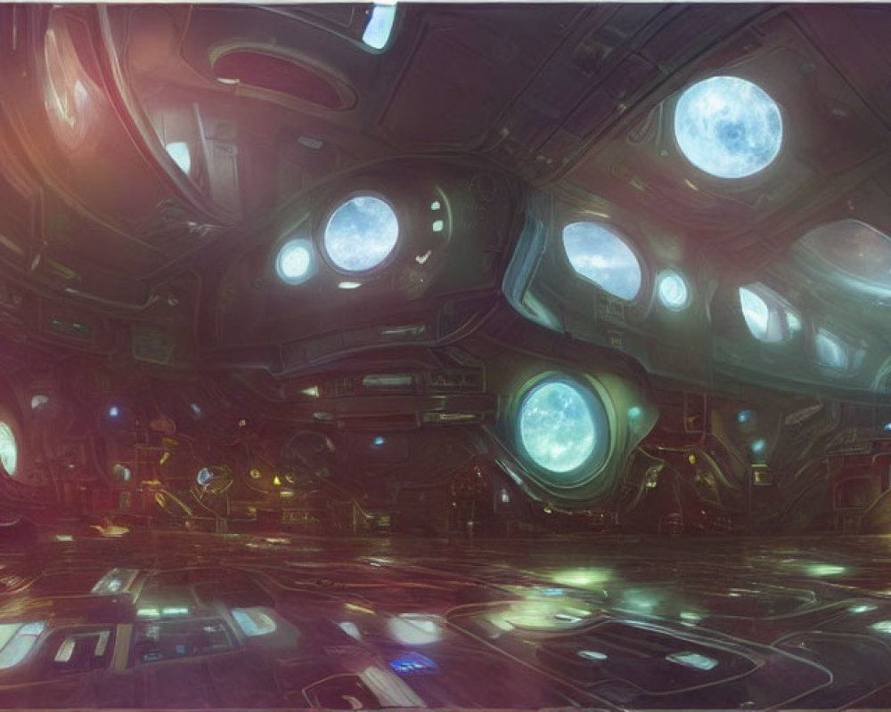 Futuristic spaceship interior with cosmic views and advanced console