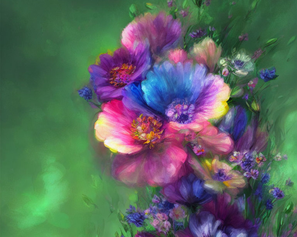 Colorful Illustrated Flower Bouquet on Blurred Green Background