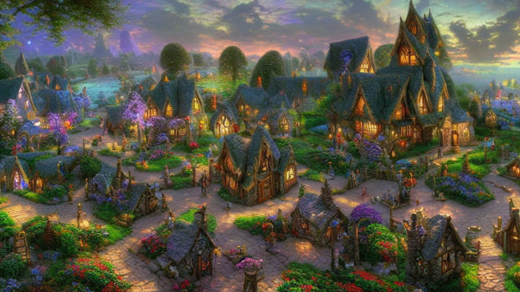 Enchanting twilight fantasy village with glowing lanterns and vibrant flowers