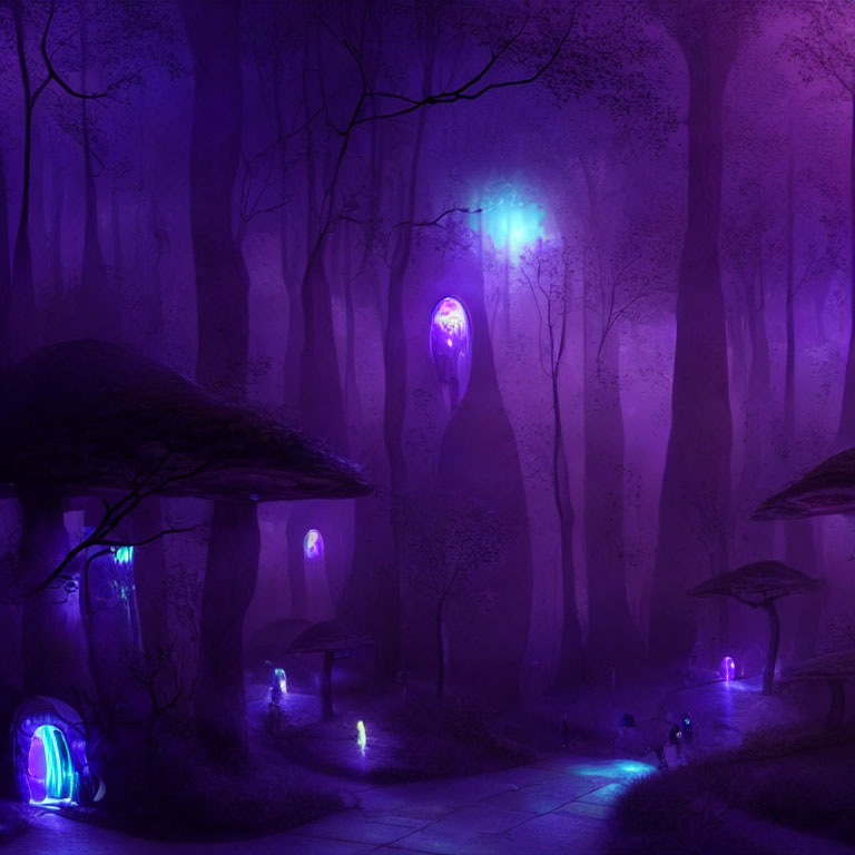 Enchanting forest scene with glowing mushrooms and purple haze.