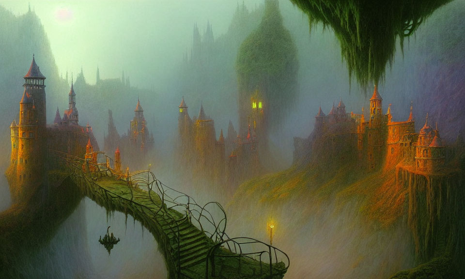 Mystical fantasy landscape with illuminated castles and bridge