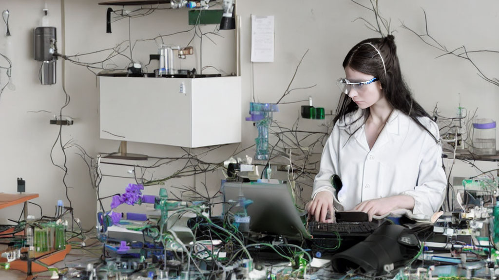 Scientist in lab coat at work with laptop and lab equipment