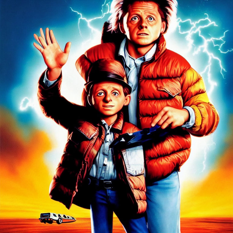 Elderly man and boy characters with surprised expressions in front of lightning bolt and futuristic car