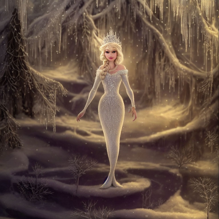 Animated character in silver gown and crown in winter forest with icicles