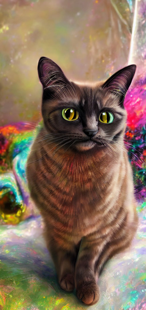 Brown Cat with Green Eyes Against Colorful Background