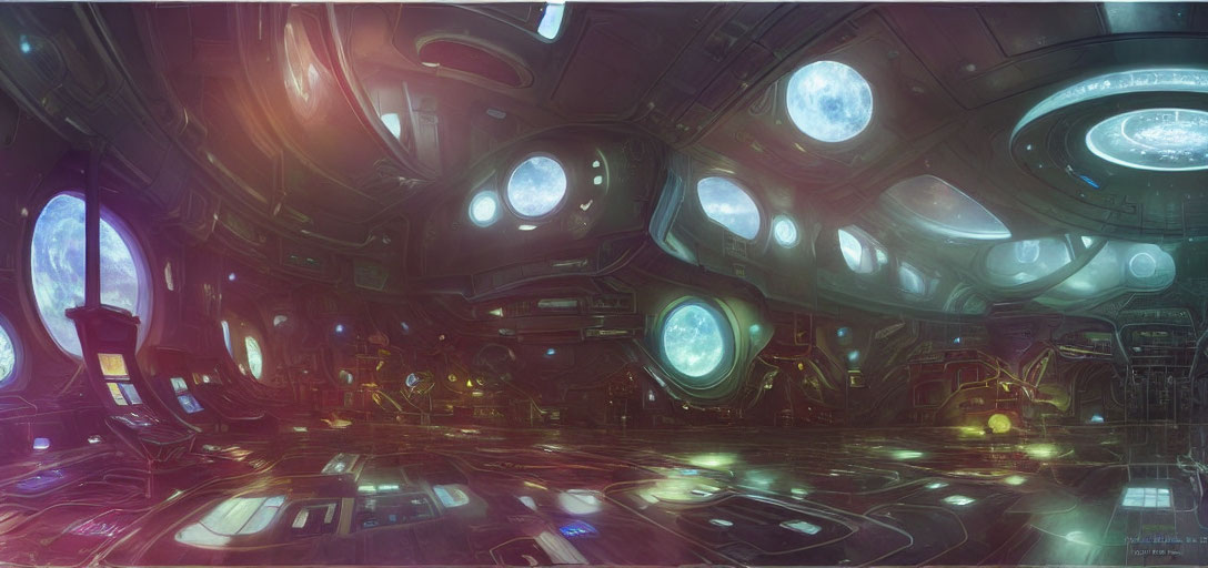 Futuristic spaceship interior with cosmic views and advanced console