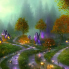 Whimsical forest village with glowing lanterns and mystical atmosphere