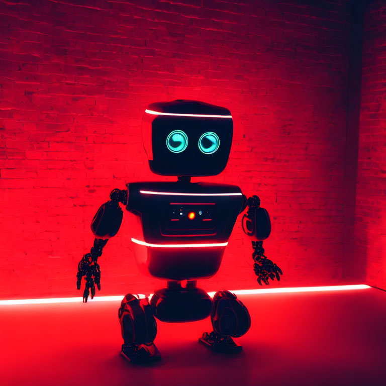 Illuminated-eyed robot against red-lit brick wall