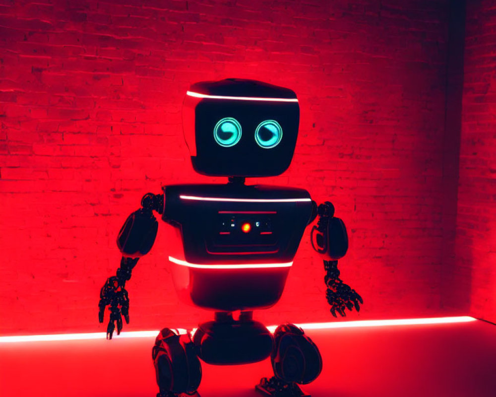 Illuminated-eyed robot against red-lit brick wall