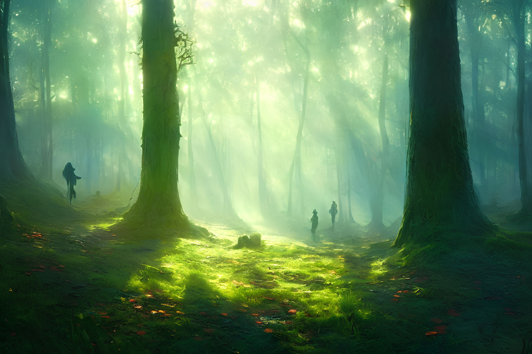 Misty forest with sunbeams and silhouette in lush greenery