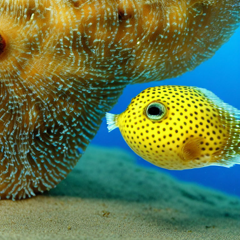 Yellow Spotted Pufferfish Swimming Near Textured Coral Structure