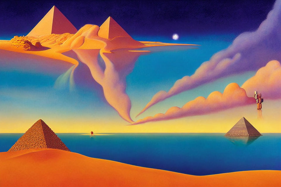 Melting pyramid in surreal landscape with colorful sky and small figure