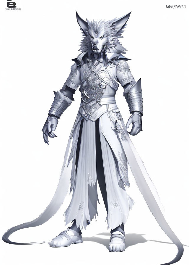 Monochromatic anthropomorphic feline warrior in detailed armor