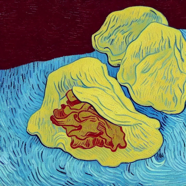 Abstract yellow figures on blue background with Van Gogh-inspired brushstrokes