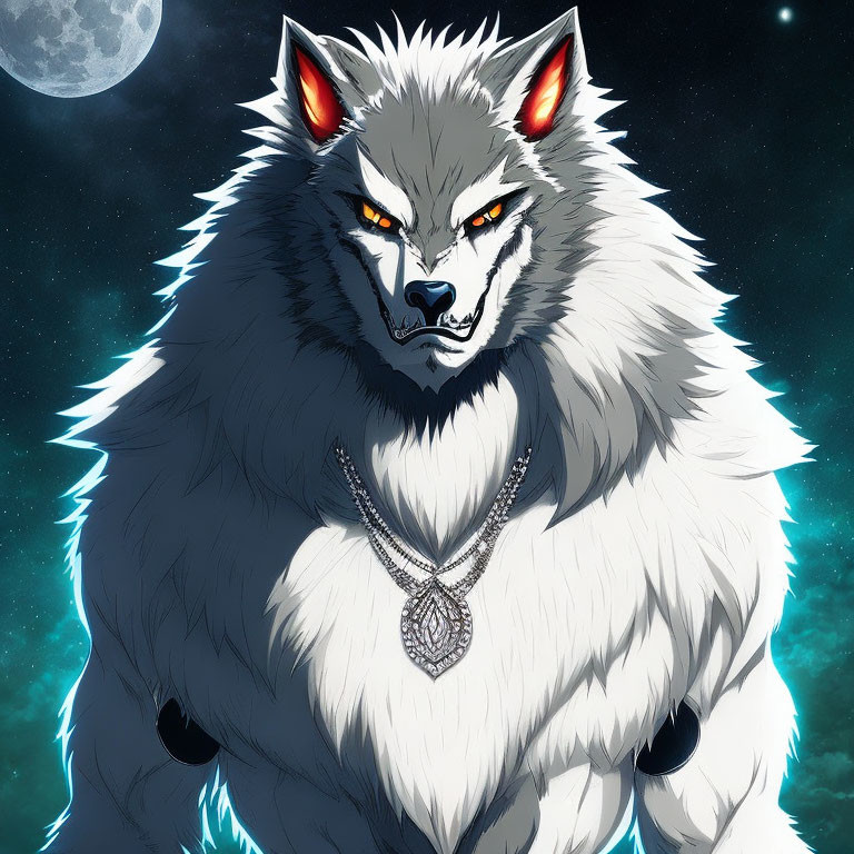 Illustration of fierce white wolf with red eyes and glowing pendant in night sky