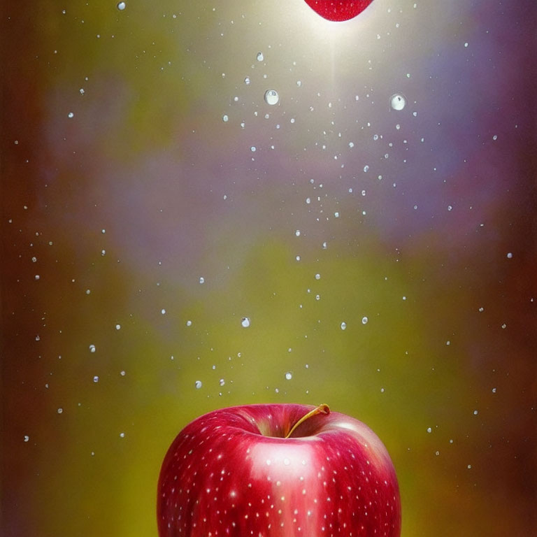 Vibrant red apple with water droplets on soft-focused background