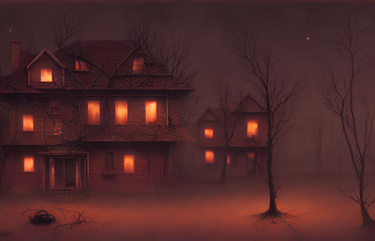 Glowing windows in eerie old house on foggy night