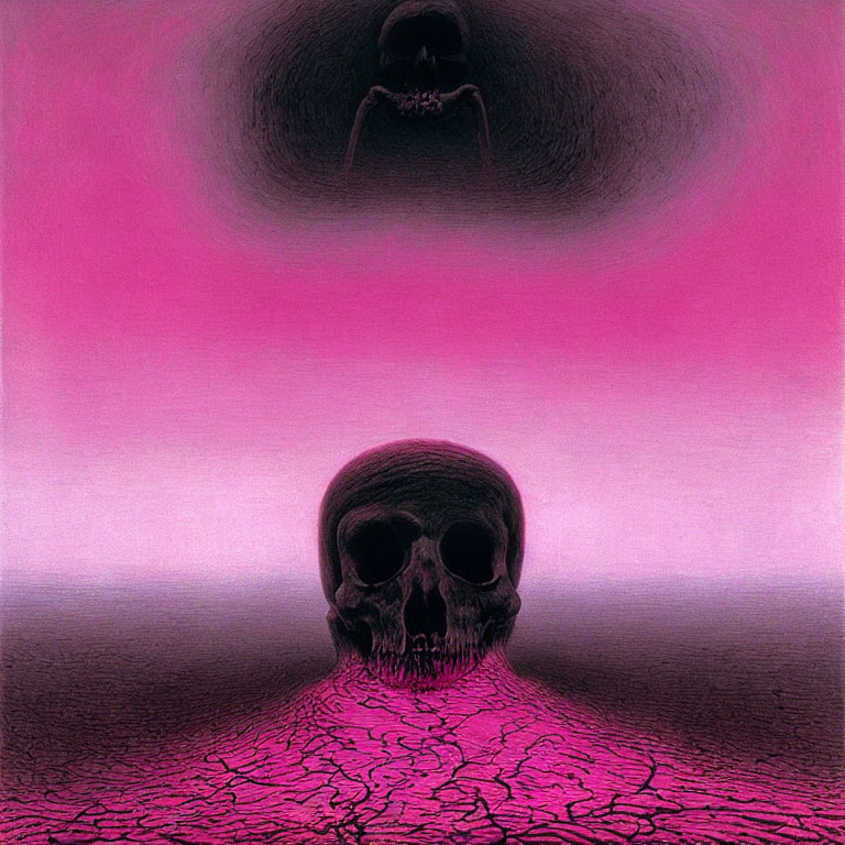 Human skull on cracked surface with surreal figure in pink and purple background.