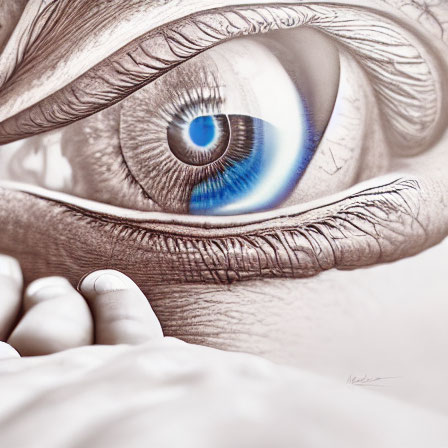 Detailed pencil drawing of blue eye and hand.