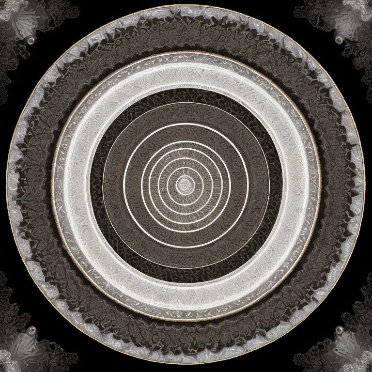 Circular brown and white fractal pattern on black background