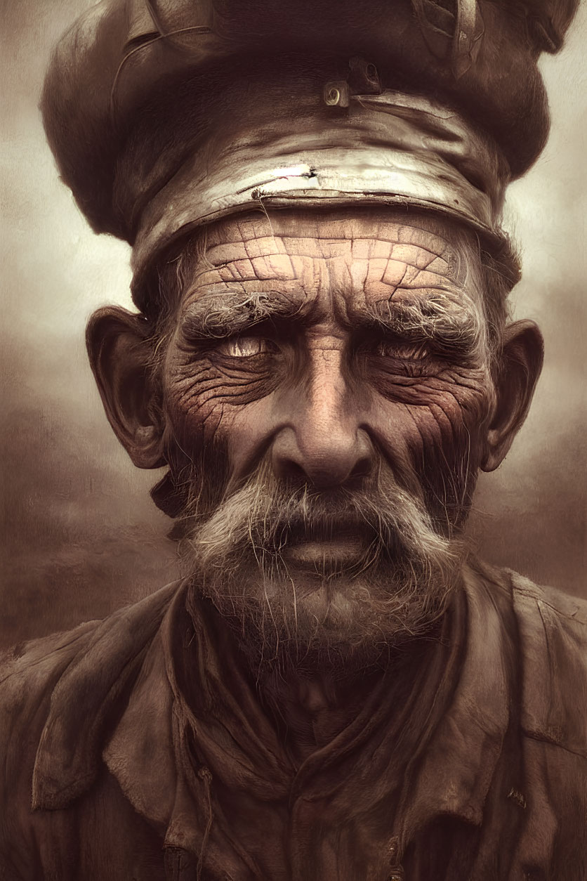 Elderly man with deep wrinkles and weathered face wearing patched hat