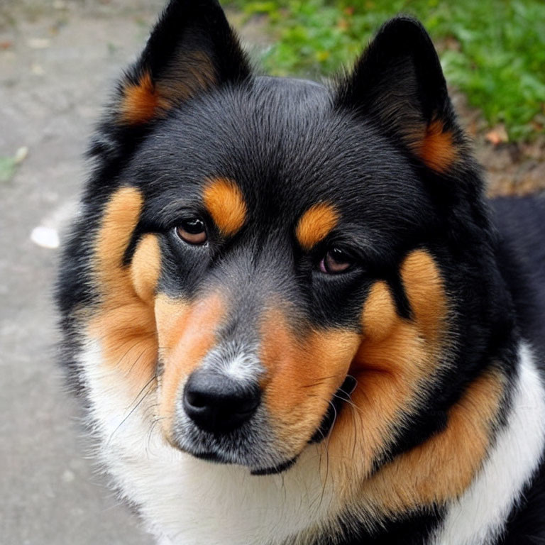 Tricolor dog with thick fur and pointed ears gazes at camera