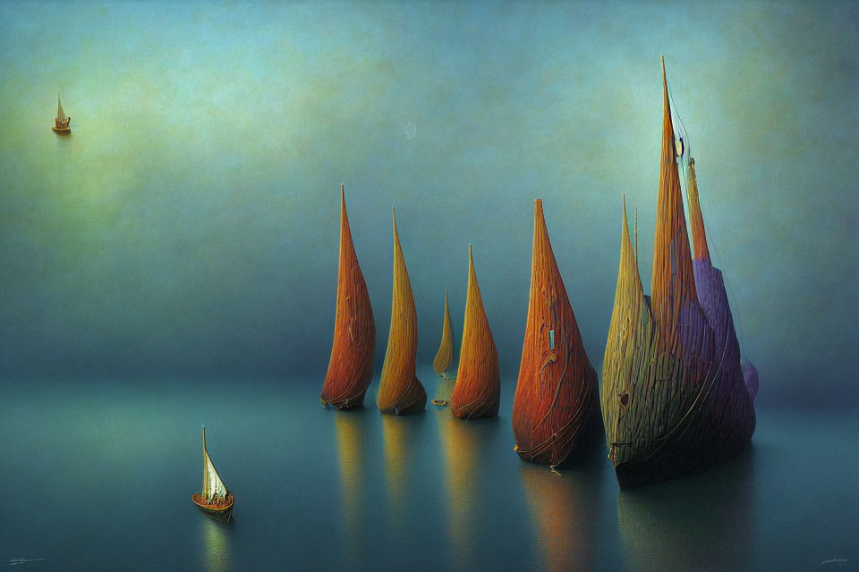 Vibrant surreal painting: sailboats on tranquil sea