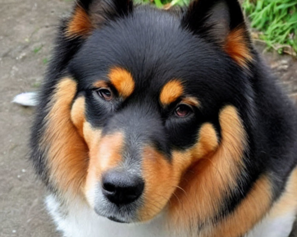 Tricolored fluffy dog with pointed ears and keen gaze in natural setting