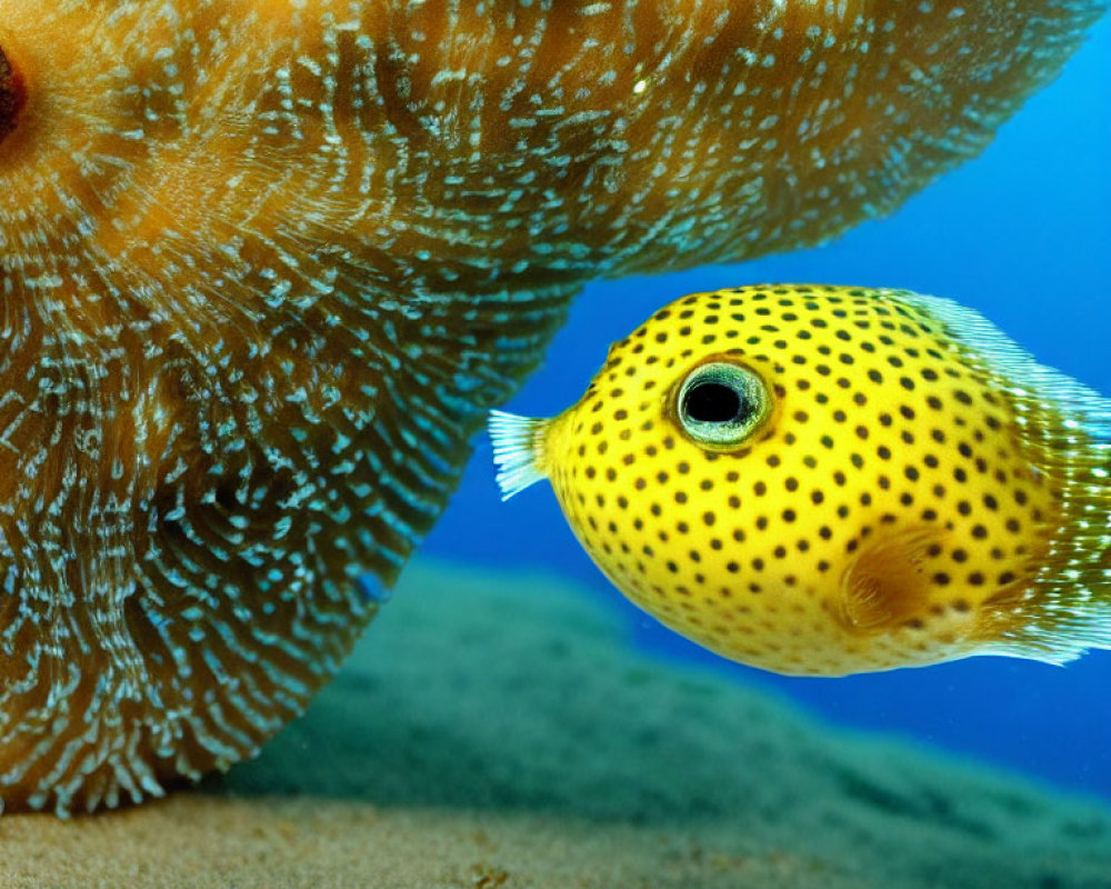 Yellow Spotted Pufferfish Swimming Near Textured Coral Structure