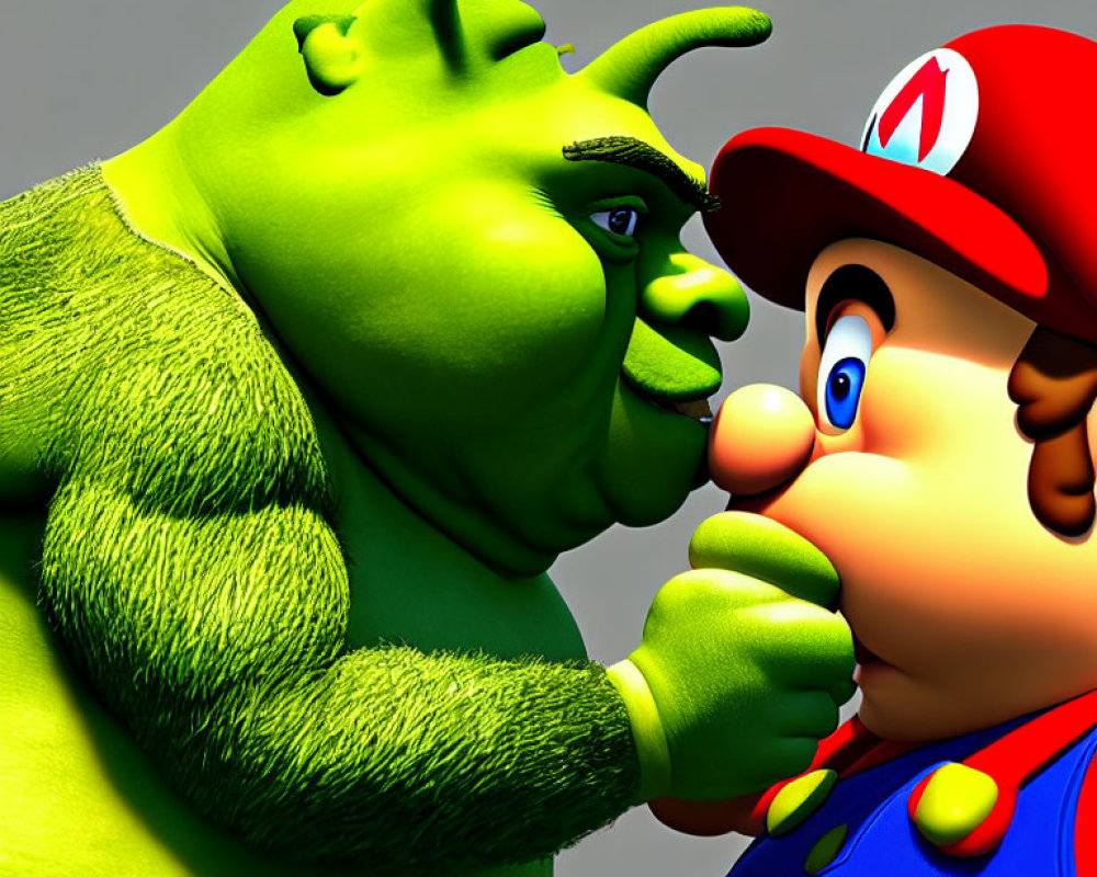 Playful 3D rendering of Shrek and Mario touching noses