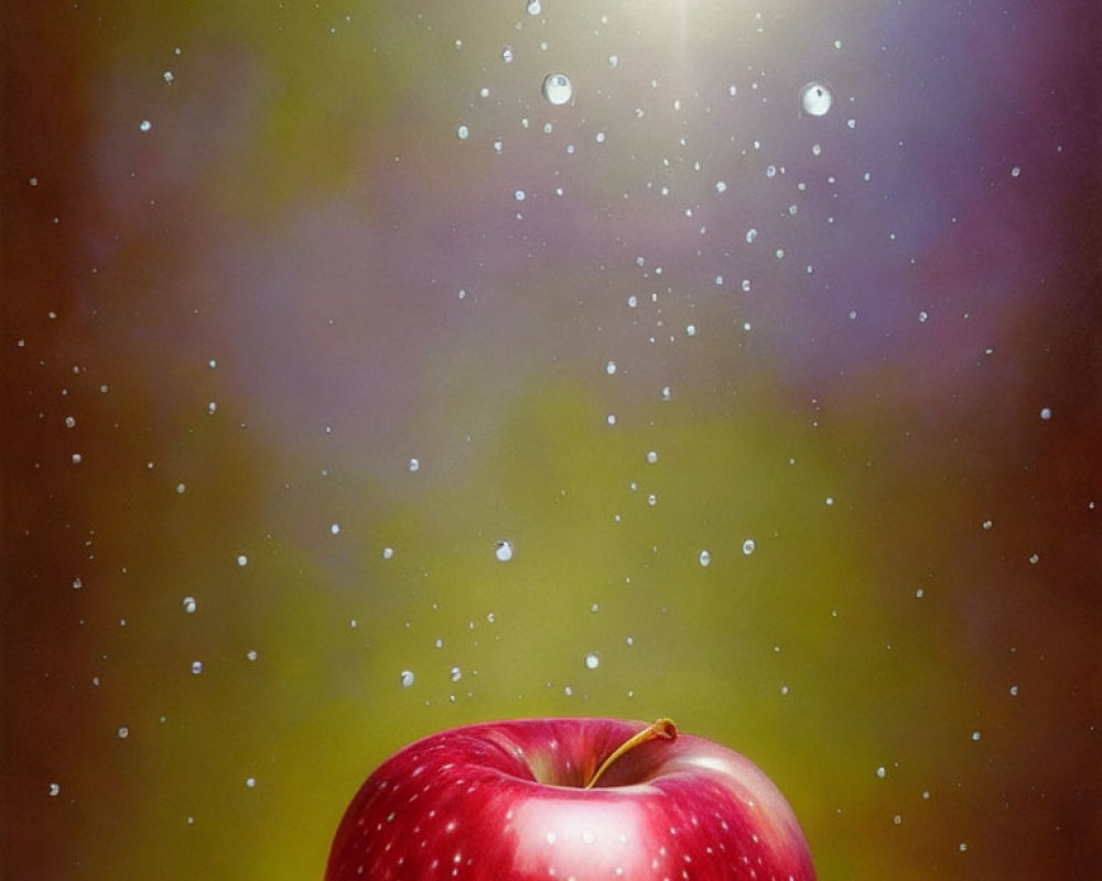 Vibrant red apple with water droplets on soft-focused background