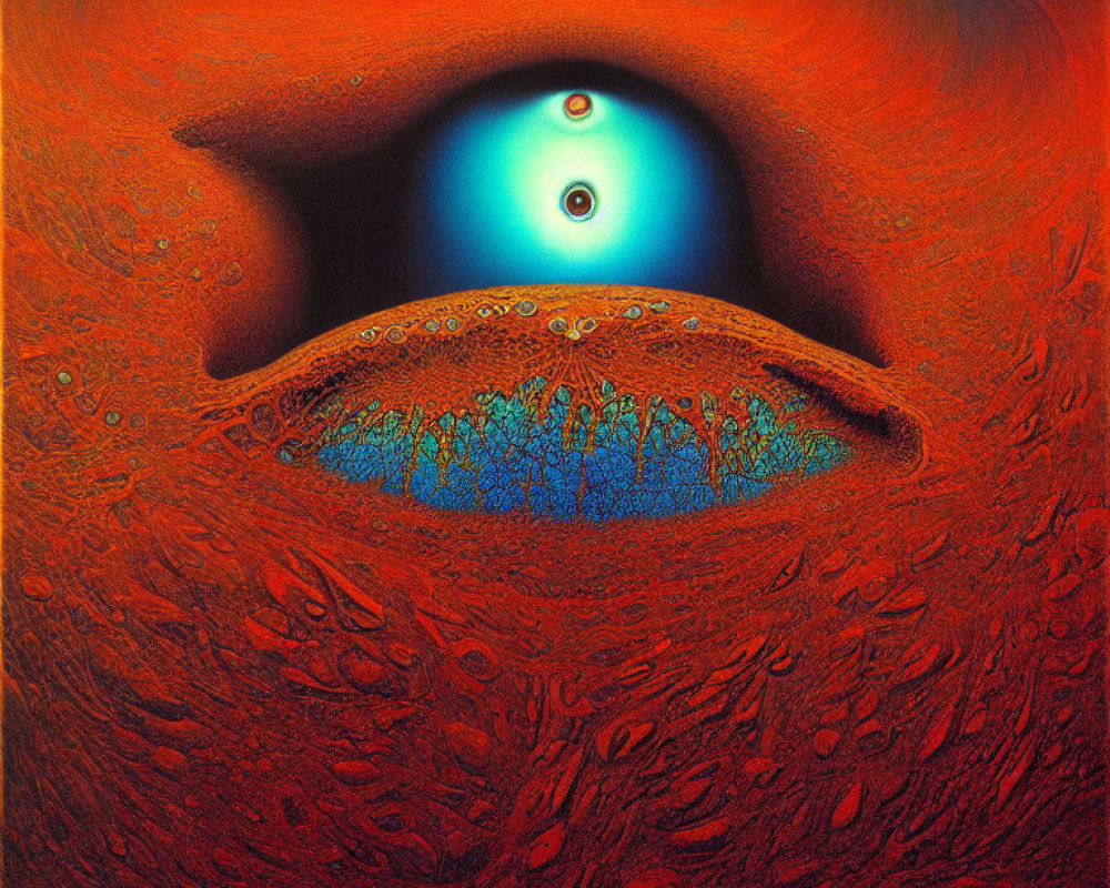 Vibrant surreal eye art with blue and green hues in textured red and orange patterns