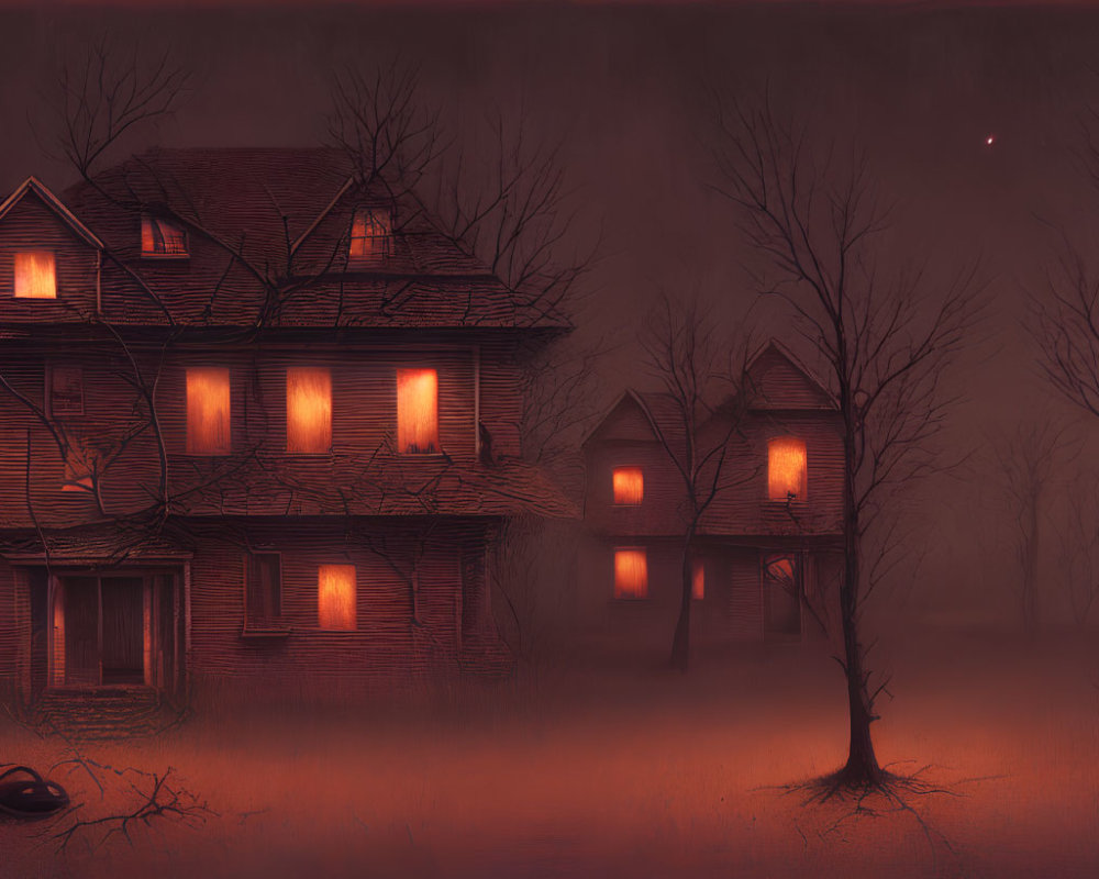 Glowing windows in eerie old house on foggy night