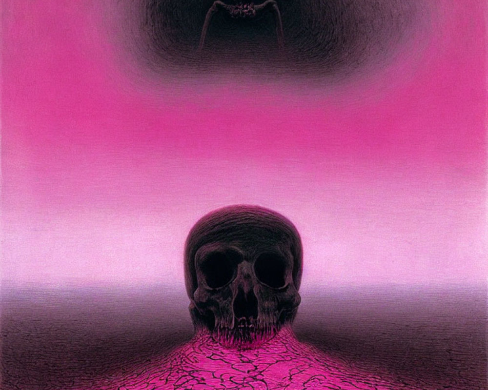 Human skull on cracked surface with surreal figure in pink and purple background.