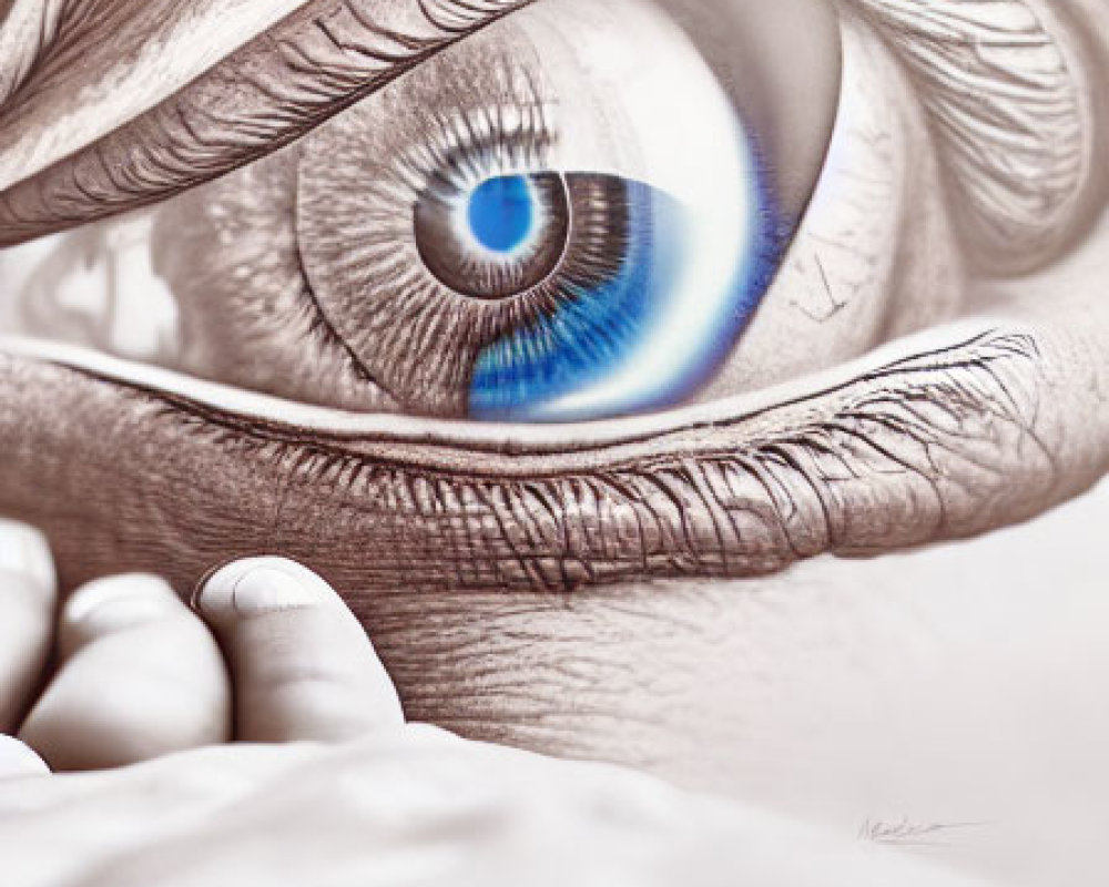 Detailed pencil drawing of blue eye and hand.