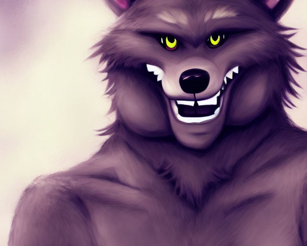 Menacing gray wolf with yellow eyes and sharp teeth