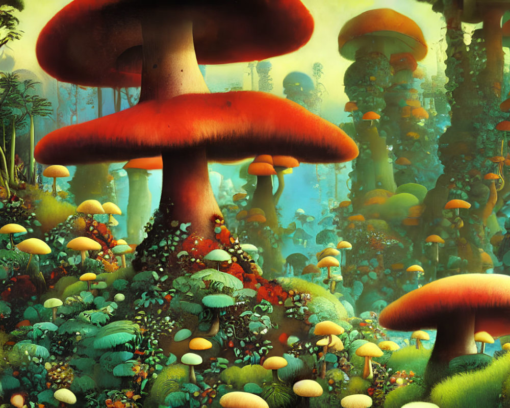 Colorful Oversized Mushroom Forest in Lush Greenery