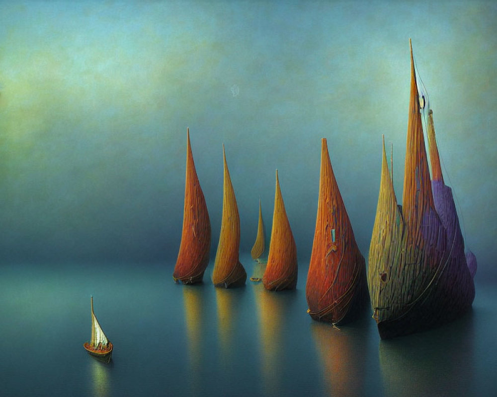 Vibrant surreal painting: sailboats on tranquil sea